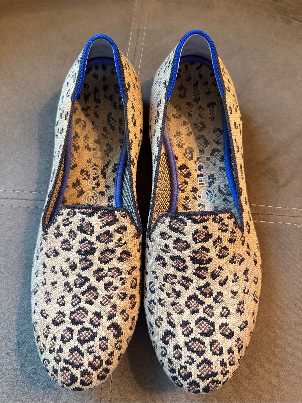 EUC Rothy's Leopard Knit Slip-On Flats in Beige and Black with Blue Trim
